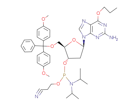 Molecular Structure of 142738-55-4 (Diisopropyl-phosphoramidous acid (2R,3S,5R)-5-(2-amino-6-propoxy-purin-9-yl)-2-[bis-(4-methoxy-phenyl)-phenyl-methoxymethyl]-tetrahydro-furan-3-yl ester 2-cyano-ethyl ester)