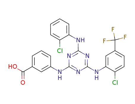 Molecular Structure of 129159-09-7 (3-[4-(2-Chloro-phenylamino)-6-(2-chloro-5-trifluoromethyl-phenylamino)-[1,3,5]triazin-2-ylamino]-benzoic acid)