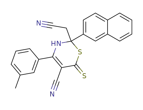 Molecular Structure of 94775-35-6 (2H-1,3-Thiazine-2-acetonitrile,
5-cyano-3,6-dihydro-4-(3-methylphenyl)-2-(2-naphthalenyl)-6-thioxo-)