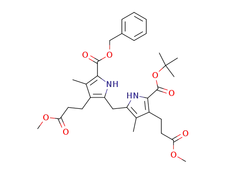 Molecular Structure of 42419-16-9 (1H-Pyrrole-3-propanoic acid,
2-[(1,1-dimethylethoxy)carbonyl]-5-[[3-(3-methoxy-3-oxopropyl)-4-methyl
-5-[(phenylmethoxy)carbonyl]-1H-pyrrol-2-yl]methyl]-4-methyl-, methyl
ester)