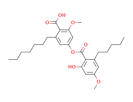 Molecular Structure of 108529-17-5 (Benzoic acid,
2-heptyl-4-[(2-hydroxy-4-methoxy-6-pentylbenzoyl)oxy]-6-methoxy-)