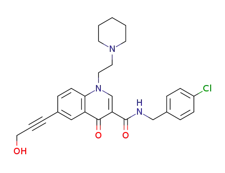 Molecular Structure of 281650-79-1 (3-Quinolinecarboxamide,
N-[(4-chlorophenyl)methyl]-1,4-dihydro-6-(3-hydroxy-1-propynyl)-4-oxo-
1-[2-(1-piperidinyl)ethyl]-)