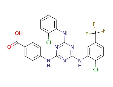 Molecular Structure of 129159-08-6 (4-[4-(2-Chloro-phenylamino)-6-(2-chloro-5-trifluoromethyl-phenylamino)-[1,3,5]triazin-2-ylamino]-benzoic acid)