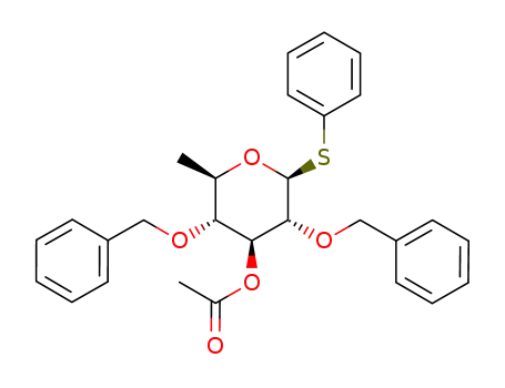 Molecular Structure of 134311-94-7 (Acetic acid (2R,3R,4S,5R,6S)-3,5-bis-benzyloxy-2-methyl-6-phenylsulfanyl-tetrahydro-pyran-4-yl ester)