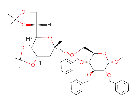 Molecular Structure of 131444-86-5 (methyl (1,3-dideoxy-1-iodo-4,5:7,8-di-O-isopropylidene-α-D-manno-octulopyranosyl)-(2->6)-(2,3,4-tri-O-benzyl-α-D-glucopyranoside))