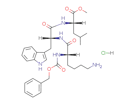 Molecular Structure of 128746-07-6 ((S)-2-[(R)-2-((S)-6-Amino-2-benzyloxycarbonylamino-hexanoylamino)-3-(1H-indol-3-yl)-propionylamino]-4-methyl-pentanoic acid methyl ester; hydrochloride)