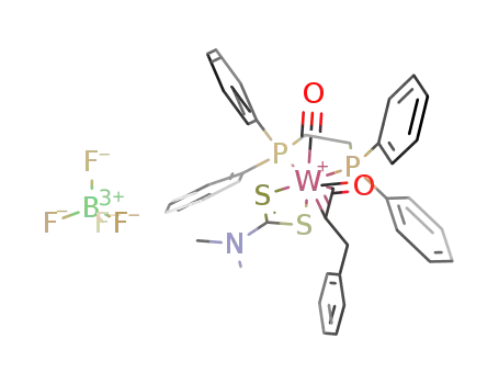 Molecular Structure of 96454-68-1 (((CH<sub>3</sub>)2NCS<sub>2</sub>)((C<sub>6</sub>H<sub>5</sub>)2PCH<sub>2</sub>CH<sub>2</sub>P(C<sub>6</sub>H<sub>5</sub>)2)W(OCCCH<sub>2</sub>C<sub>6</sub>H<sub>5</sub>)(CO)<sup>(1+)</sup>*BF<sub>4</sub><sup>(1-)</sup>)