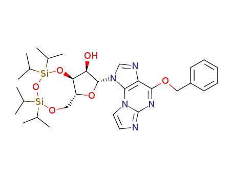 Molecular Structure of 148437-91-6 (O<sup>6</sup>-Benzyl-N<sup>2</sup>,3-etheno-3',5'-O-(1,1,3,3-tetraisopropyldisiloxa-1,3-diyl)guanosine)