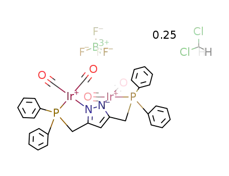 [Ir<sub>2</sub>(CO)4(C<sub>3</sub>HN<sub>2</sub>(CH<sub>2</sub>P(C<sub>6</sub>H<sub>5</sub>)2)2)]<sup>(1+)</sup>*BF<sub>4</sub><sup>(1-)</sup>*0.25CH<sub>2</sub>Cl<sub>2</sub>=[Ir<sub>2</sub>(CO)4(C<sub>3</sub>HN<sub>2</sub>(CH<sub>2</sub>P(C<sub>6</sub>H<sub>5</sub>)2)2)]BF<sub>4</sub>*0.25CH<sub>2</sub>Cl<sub>2</sub>