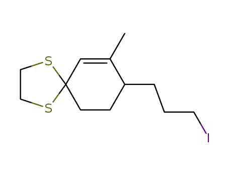 Molecular Structure of 42723-35-3 (8-(3-Iodo-propyl)-7-methyl-1,4-dithia-spiro[4.5]dec-6-ene)