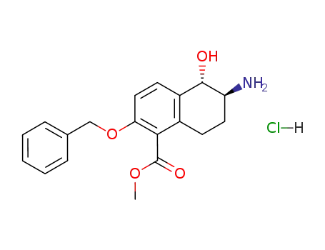 Molecular Structure of 91169-45-8 (1-Naphthalenecarboxylic acid,
6-amino-5,6,7,8-tetrahydro-5-hydroxy-2-(phenylmethoxy)-, methyl ester,
hydrochloride)