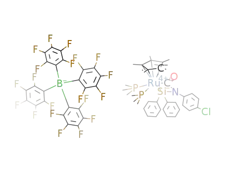 Molecular Structure of 198082-74-5 (C<sub>5</sub>(CH<sub>3</sub>)5(P(CH<sub>3</sub>)3)2RuSi(C<sub>6</sub>H<sub>5</sub>)2N(ClC<sub>6</sub>H<sub>4</sub>)CO<sup>(1+)</sup>*B(C<sub>6</sub>F<sub>5</sub>)4<sup>(1-)</sup>=[C<sub>5</sub>(CH<sub>3</sub>)5(P(CH<sub>3</sub>)3)2RuSi(C<sub>6</sub>H<sub>5</sub>)2N(ClC<sub>6</sub>H<sub>4</sub>)CO]B(C<sub>6</sub>F<sub>5</sub>)4)