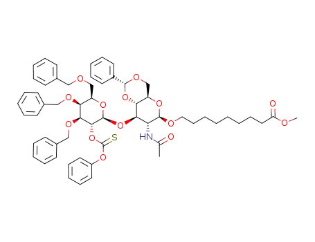 Molecular Structure of 98807-71-7 (8-methoxycarbonyoctyl 2-acetamido-4,6-O-benzylidene-2-deoxy-3-O-(3,4,6-tri-O-benzyl-2-O-phenoxythiocarbonyl-β-D-galactopyranosyl)-β-D-glucopyranoside)