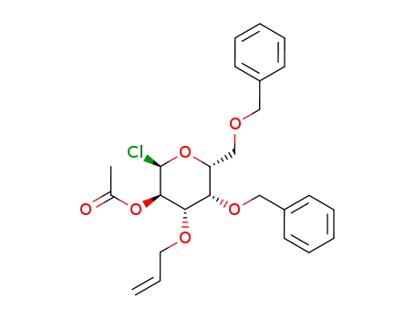 Molecular Structure of 144985-21-7 (Acetic acid (2R,3R,4S,5S,6R)-4-allyloxy-5-benzyloxy-6-benzyloxymethyl-2-chloro-tetrahydro-pyran-3-yl ester)