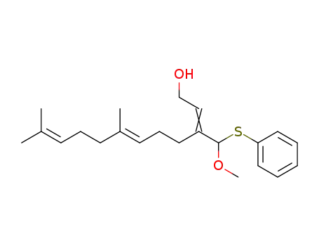 Molecular Structure of 89171-54-0 (2,6,10-Dodecatrien-1-ol, 3-[methoxy(phenylthio)methyl]-7,11-dimethyl-,
(E,E)-)