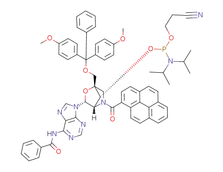 Molecular Structure of 1067885-87-3 ((1S,3R,4S,7R)-3-(6-N-benzoyladenin-9-yl)-7-[2-cyanoethoxy-(diisopropylamino)phosphinoxy]-1-(4,4′-dimethoxytrityloxymethyl)-5-(pyren-1-yl)carbonyl-2-oxa-5-azabicyclo[2.2.1]heptane)