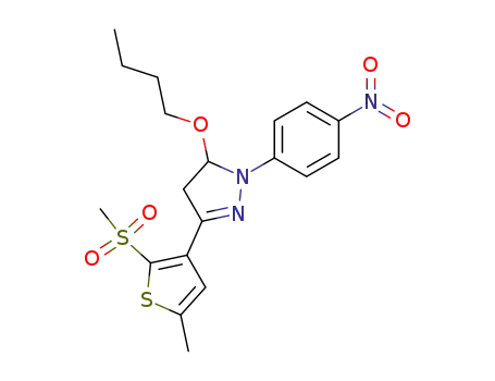 Molecular Structure of 165066-17-1 (5-Butoxy-3-(2-methanesulfonyl-5-methyl-thiophen-3-yl)-1-(4-nitro-phenyl)-4,5-dihydro-1H-pyrazole)