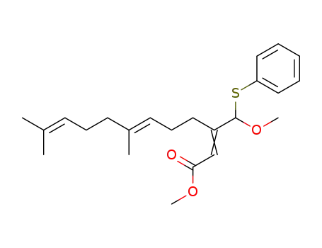 Molecular Structure of 89171-45-9 (2,6,10-Dodecatrienoic acid,
3-[methoxy(phenylthio)methyl]-7,11-dimethyl-, methyl ester, (Z,E)-)