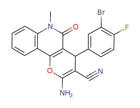 Molecular Structure of 1019060-10-6 (2-amino-4-(3-bromo-4-fluorophenyl)-6-methyl-5-oxo-5,6-dihydro-4H-pyrano[3,2-c]quinoline-3-carbonitrile)