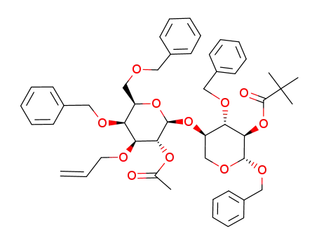 Molecular Structure of 144985-26-2 (2,2-Dimethyl-propionic acid (2R,3R,4S,5R)-5-((2S,3R,4S,5S,6R)-3-acetoxy-4-allyloxy-5-benzyloxy-6-benzyloxymethyl-tetrahydro-pyran-2-yloxy)-2,4-bis-benzyloxy-tetrahydro-pyran-3-yl ester)