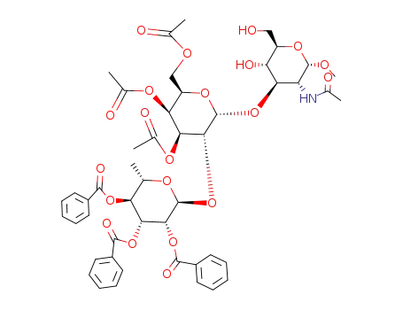 Molecular Structure of 139760-33-1 (Methyl O-(2,3,4-tri-O-benzoyl-α-L-rhamnopyranosyl)-(1->2)-O-(3,4,6-tri-O-acetyl-α-D-galactopyranosyl)-(1->3)-2-acetamido-2-deoxy-α-D-glucopyranoside)