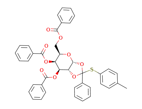 Molecular Structure of 113369-57-6 (3,4,6-tri-O-benzoyl-1,2-O-(α-p-tolylthiobenzylidene)-α-D-galactopyranose)
