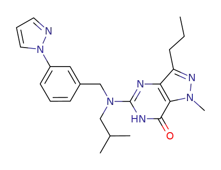 Molecular Structure of 1033443-65-0 (5-((3-(1H-pyrazol-1-yl)benzyl)(isobutyl)amino)-1-methyl-3-propyl-1H-pyrazolo[4,3-d]pyrimidin-7(6H)-one)