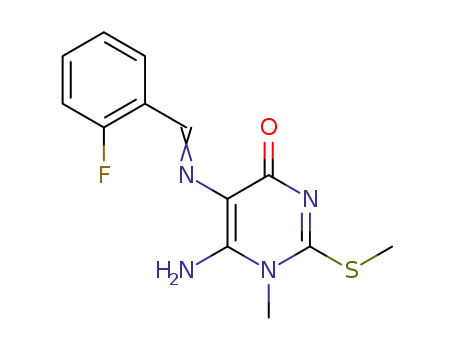 4(1H)-Pyrimidinone,
6-amino-5-[[(2-fluorophenyl)methylene]amino]-1-methyl-2-(methylthio)-