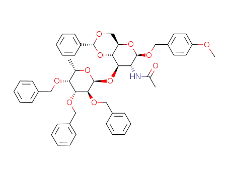 Molecular Structure of 172880-25-0 (p-Methoxyphenylmethyl 2-acetamido-4,6-O-benzylidene-3-O-(2,3,4-tri-O-benzyl-α-L-fucopyranosyl)-2-deoxy-β-D-glucopyranoside)