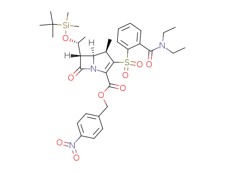 Molecular Structure of 158168-65-1 ((4R,5S,6S)-6-[(R)-1-(tert-Butyl-dimethyl-silanyloxy)-ethyl]-3-(2-diethylcarbamoyl-benzenesulfonyl)-4-methyl-7-oxo-1-aza-bicyclo[3.2.0]hept-2-ene-2-carboxylic acid 4-nitro-benzyl ester)