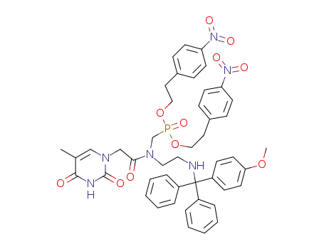 Molecular Structure of 202914-62-3 (({(2-{[(4-Methoxy-phenyl)-diphenyl-methyl]-amino}-ethyl)-[2-(5-methyl-2,4-dioxo-3,4-dihydro-2H-pyrimidin-1-yl)-acetyl]-amino}-methyl)-phosphonic acid bis-[2-(4-nitro-phenyl)-ethyl] ester)