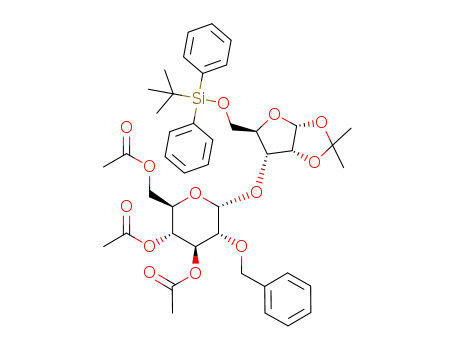 Molecular Structure of 177412-79-2 (Acetic acid (2R,3R,4S,5R,6R)-3-acetoxy-2-acetoxymethyl-5-benzyloxy-6-[(3aR,5R,6R,6aR)-5-(tert-butyl-diphenyl-silanyloxymethyl)-2,2-dimethyl-tetrahydro-furo[2,3-d][1,3]dioxol-6-yloxy]-tetrahydro-pyran-4-yl ester)