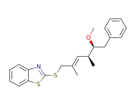 Molecular Structure of 223689-25-6 (2-<<(2E,4S,5S)-5-methoxy-2,4-dimethyl-6-phenylhex-2-enyl>thio>benzothiazole)