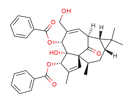 Molecular Structure of 77495-85-3 ((1aR)-5β,6β-Bis(benzoyloxy)-1aα,2,5,5a,6,9,10,10aα-octahydro-5aβ-hydroxy-4-(hydroxymethyl)-1,1,7,9α-tetramethyl-1H-2α,8aα-methanocyclopenta[a]cyclopropa[e]cyclodecen-11-one)