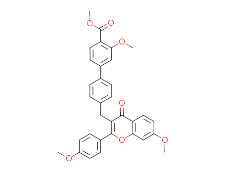 Molecular Structure of 1158953-09-3 (7-methoxy-2-(2'-methoxyphenyl)-3-[(4''-carboxy-3''-methoxy-1,1'-biphenyl-4-yl)methyl]-4H-1-benzopyran-4-one methyl ester)