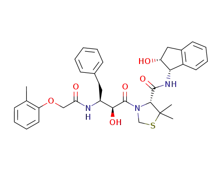 Molecular Structure of 820220-83-5 (4-Thiazolidinecarboxamide,
N-[(1S,2R)-2,3-dihydro-2-hydroxy-1H-inden-1-yl]-3-[(2S,3S)-2-hydroxy-
3-[[(2-methylphenoxy)acetyl]amino]-1-oxo-4-phenylbutyl]-5,5-dimethyl-,
(4R)-)