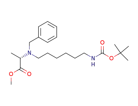 Molecular Structure of 174799-73-6 (L-Alanine,
N-[6-[[(1,1-dimethylethoxy)carbonyl]amino]hexyl]-N-(phenylmethyl)-,
methyl ester)