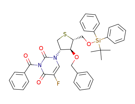 Molecular Structure of 206762-88-1 (3-Benzoyl-1-[(3S,4S,5R)-4-benzyloxy-5-(tert-butyl-diphenyl-silanyloxymethyl)-tetrahydro-thiophen-3-yl]-5-fluoro-1H-pyrimidine-2,4-dione)