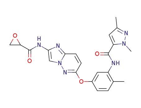 Molecular Structure of 1005785-28-3 (1,3-dimethyl-N-[2-methyl-5-({2-[(oxirane-2-ylcarbonyl)amino]imidazo[1,2-b]pyridazin-6-yl}oxy)phenyl]-1H-pyrazole-5-carboxamide)