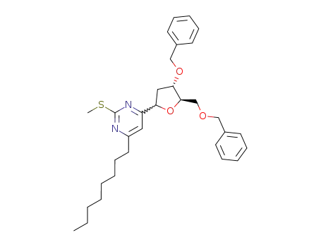 Molecular Structure of 263006-32-2 (4-((4S,5R)-4-Benzyloxy-5-benzyloxymethyl-tetrahydro-furan-2-yl)-2-methylsulfanyl-6-octyl-pyrimidine)