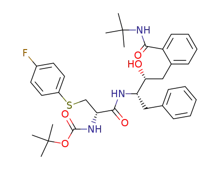 Molecular Structure of 161448-61-9 ((S)-N-(1S,2R)-<3-<2-<<(1,1-dimethylethyl)amino>carbonyl>phenyl>-2-hydroxy-1-(phenylmethyl)propyl>-2-<(tert-butoxycarbonyl)amino>-3-<(p-fluorophenyl)thio>propanamide)