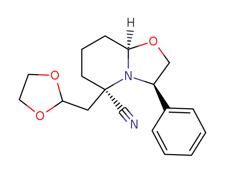 Molecular Structure of 156472-68-3 ((3R,5R,8aR)-5-[1,3]Dioxolan-2-ylmethyl-3-phenyl-hexahydro-oxazolo[3,2-a]pyridine-5-carbonitrile)