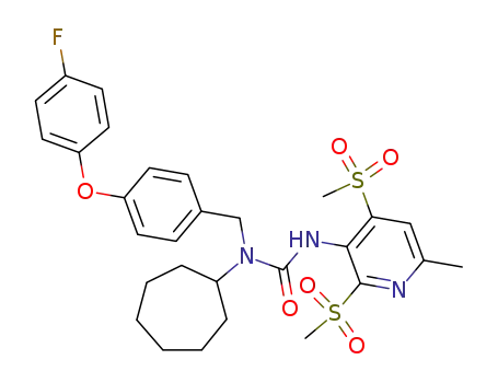 Molecular Structure of 215589-63-2 (3-(2,4-bis-methanesulfonyl-6-methyl-pyridin-3-yl)-1-cycloheptyl-1-[4-(4-fluoro-phenoxy)-benzyl]-urea)