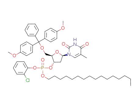 Molecular Structure of 259185-50-7 (Phosphoric acid (2R,3S,5R)-2-[bis-(4-methoxy-phenyl)-phenyl-methoxymethyl]-5-(5-methyl-2,4-dioxo-3,4-dihydro-2H-pyrimidin-1-yl)-tetrahydro-furan-3-yl ester 2-chloro-phenyl ester hexadecyl ester)