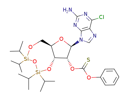 Molecular Structure of 170872-60-3 (Thiocarbonic acid O-[(2R,3R,3aR,9aR)-2-(2-amino-6-chloro-purin-9-yl)-5,5,7,7-tetraisopropyl-tetrahydro-1,4,6,8-tetraoxa-5,7-disila-cyclopentacycloocten-3-yl] ester O-phenyl ester)