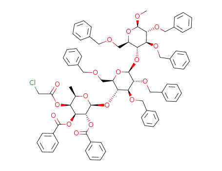 Molecular Structure of 257936-60-0 (methyl O-(2,3-di-O-benzoyl-4-O-chloroacetyl-6-deoxy-β-D-galactopyranosyl)-(1->4)-O-(2,3,6-tri-O-benzyl-β-D-glucopyranosyl)-(1->4)-2,3,6-tri-O-benzyl-β-D-glucopyranoside)