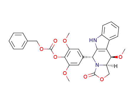 Molecular Structure of 1026686-21-4 (Carbonic acid benzyl ester 2,6-dimethoxy-4-((3aR,4R,10R)-4-methoxy-1-oxo-3a,4,9,10-tetrahydro-3H-2-oxa-9,10a-diaza-cyclopenta[b]fluoren-10-yl)-phenyl ester)