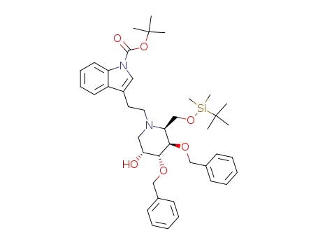 Molecular Structure of 182066-06-4 (3-{2-[(2S,3R,4R,5R)-3,4-Bis-benzyloxy-2-(tert-butyl-dimethyl-silanyloxymethyl)-5-hydroxy-piperidin-1-yl]-ethyl}-indole-1-carboxylic acid tert-butyl ester)