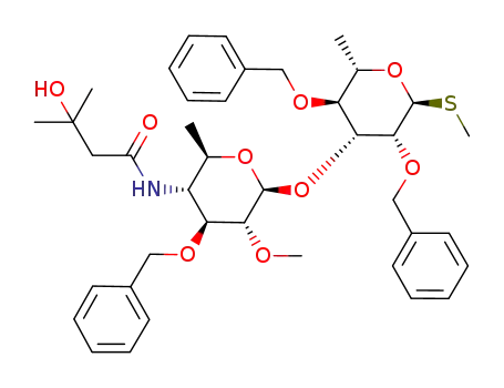 Molecular Structure of 1149356-85-3 (methyl 2,4-di-O-benzyl-3-O-[3-O-benzyl-4,6-dideoxy-4-(3-hydroxy-3-methylbutanamido)-2-O-methyl-β-D-glucopyranosyl]-1-thio-α-L-rhamnopyranoside)