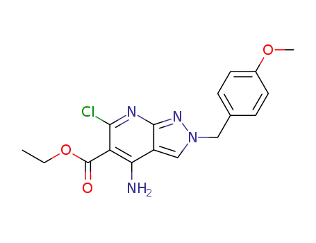 Molecular Structure of 384835-96-5 (4-amino-6-chloro-2-(4-methoxy-benzyl)-2<i>H</i>-pyrazolo[3,4-<i>b</i>]pyridine-5-carboxylic acid ethyl ester)